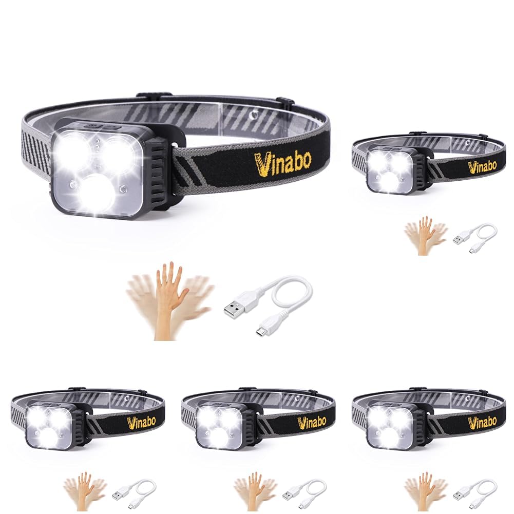 Vinabo Linterna Frontal Recargable, Sensor de Movimiento de Linterna Frontal LED Ultra Potente, 6 Modos de Luz,IPX4 Impermeable Ajustable y Liviana para Pesca, Camping, Senderismo, Ciclismo, Correr