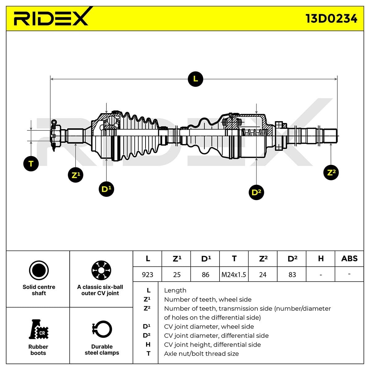 RIDEX 13D0234 Arbre de transmission Avant Droite avec roulement Compatible avec PEUGEOT 308 I 3/5 portes 4A, 4C