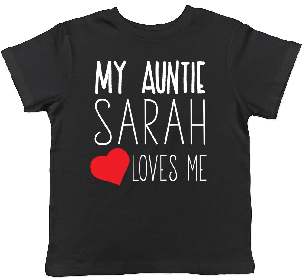 Shopagift Boys Black Personalised My Auntie Any Name Loves Me Short Sleeve Kids Childrens Girls T-Shirt Customised Tee Shirt Birthday Gift Idea For Niece Nephew From Aunty Aunt