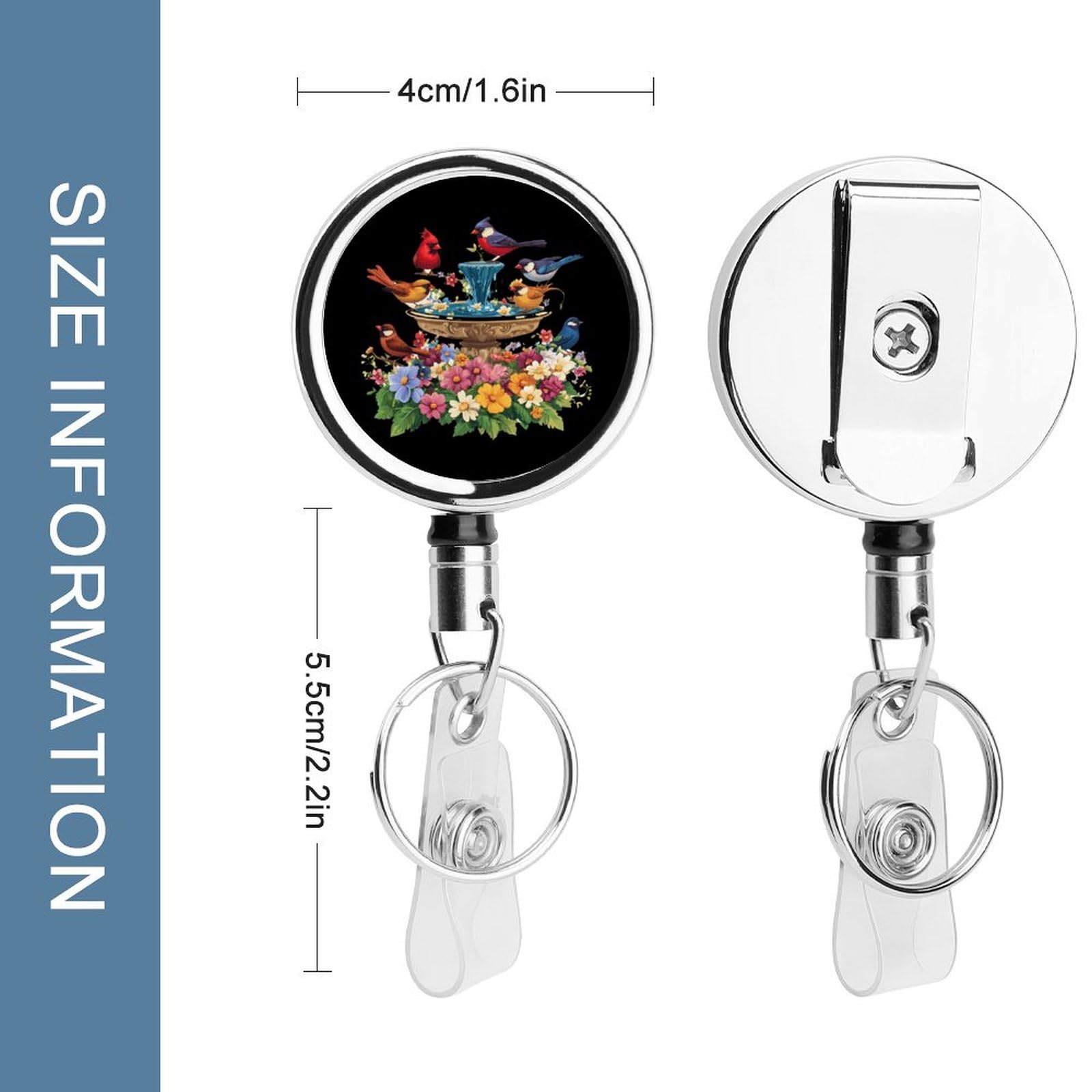 Cardinal & Chickadee Birds Spring Flowers Retractable Badge Holder Metal ID Name Holder Key Ring with Belt Clip