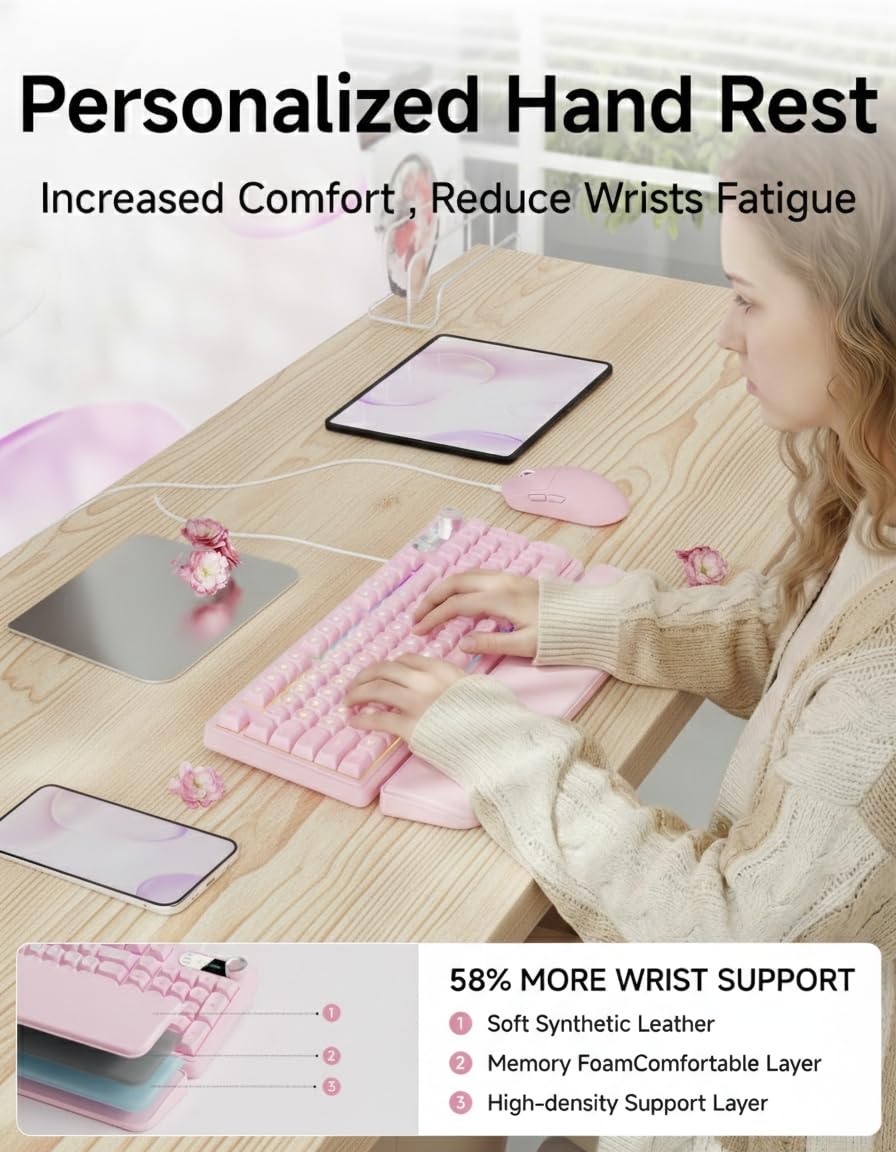 EWEADN C98 Przewodowa klawiatura i mysz, przewodowa, ergonomiczna klawiatura komputerowa z nadgarstkiem, podwójne nasadki klawiszy, ciche podświetlenie RGB, cicha klawiatura do Windows/MAC/PC, różowa