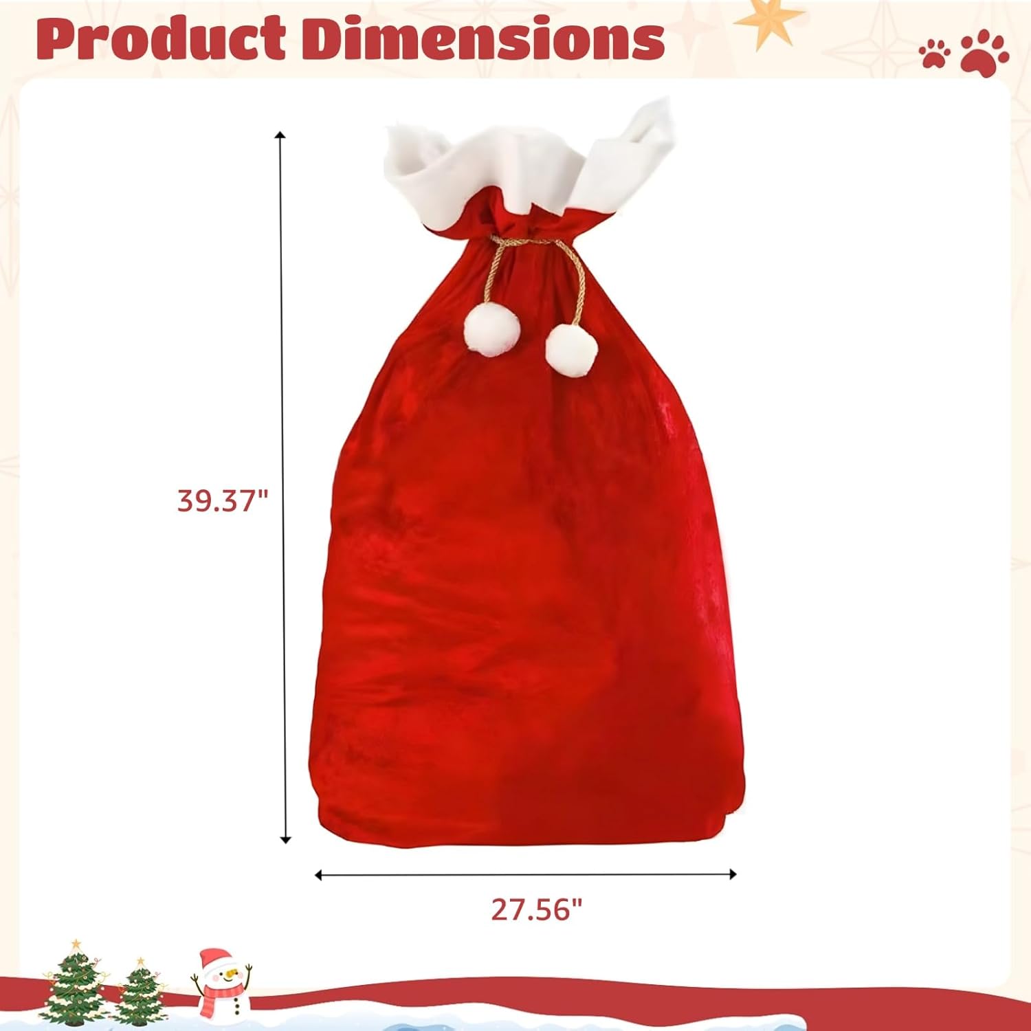 Large Santa Bag, 27.5 X 39.4 Inch, Velvet Christmas Gift Bag With White Trim, Red Drawstring With Pompoms For Holiday Party Gift Storage And Decoration