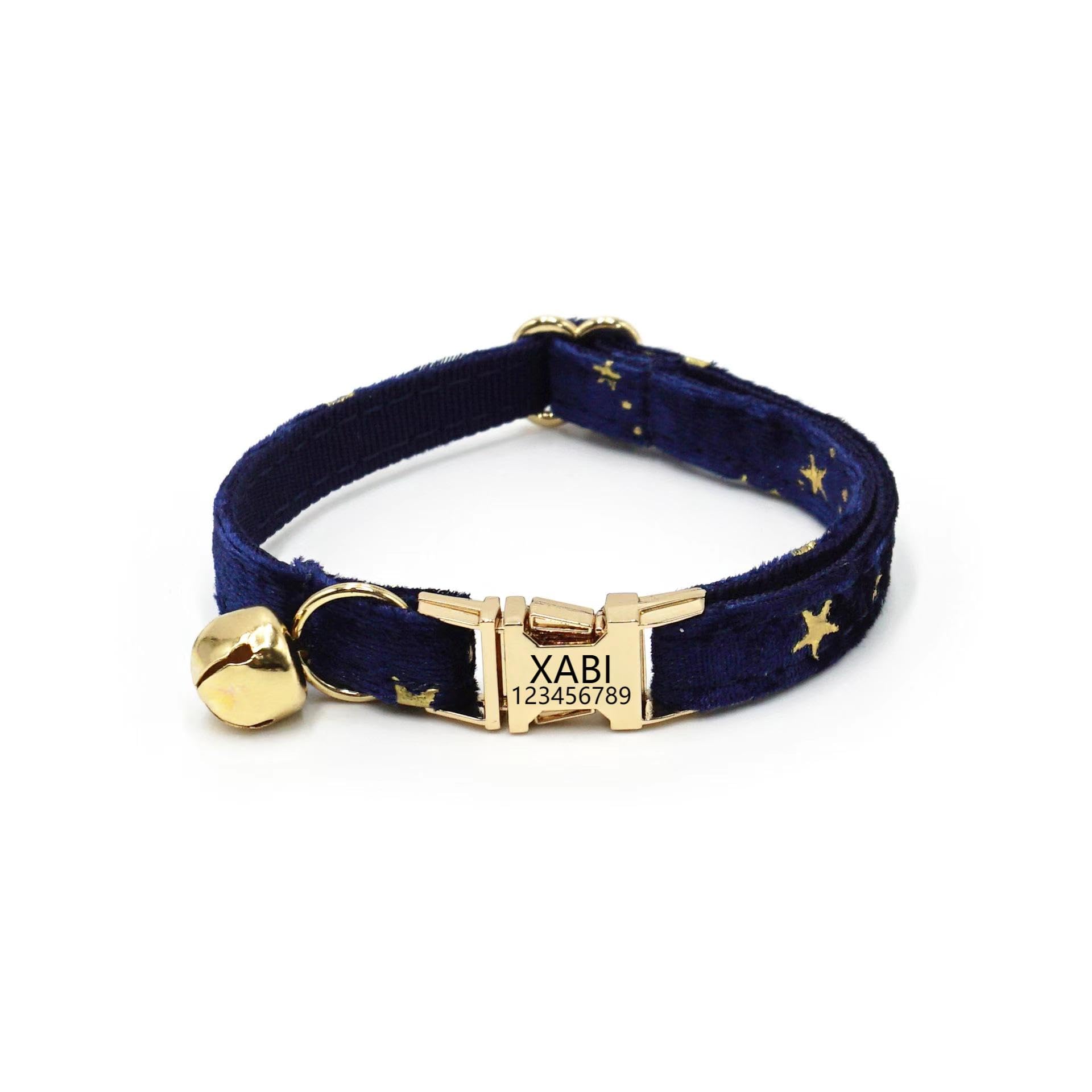 Customized Soft Artificial Velvet Cat Collar, Personalized Cat Tag,Laser Engraved Metal Button Cat Collar, Neck circumference 0.6-1.2 inches (Blue Star)