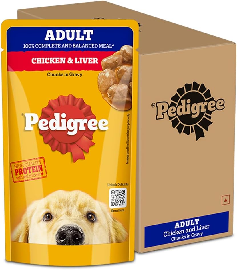 Pedigree Adult Wet Dog Food, Chicken & Liver Chunks in Gravy, 130 g (Pack of 12), Complete & Balanced Meal for Adult Dogs
