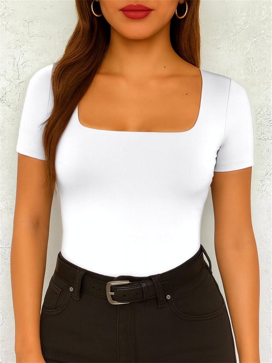 ForeFair Women's Square Neck Going Out Tops Double Lined Short Sleeve Basic Tight Tee Shirts - Image 2