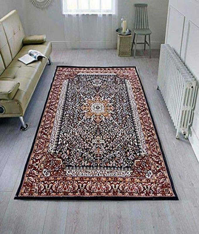 Image of Kashmiri Design Thick n Soft Bedside Runner Carpets for Home Living Room Bedroom Drawing Room Hall 6x9 Feet Black Colour