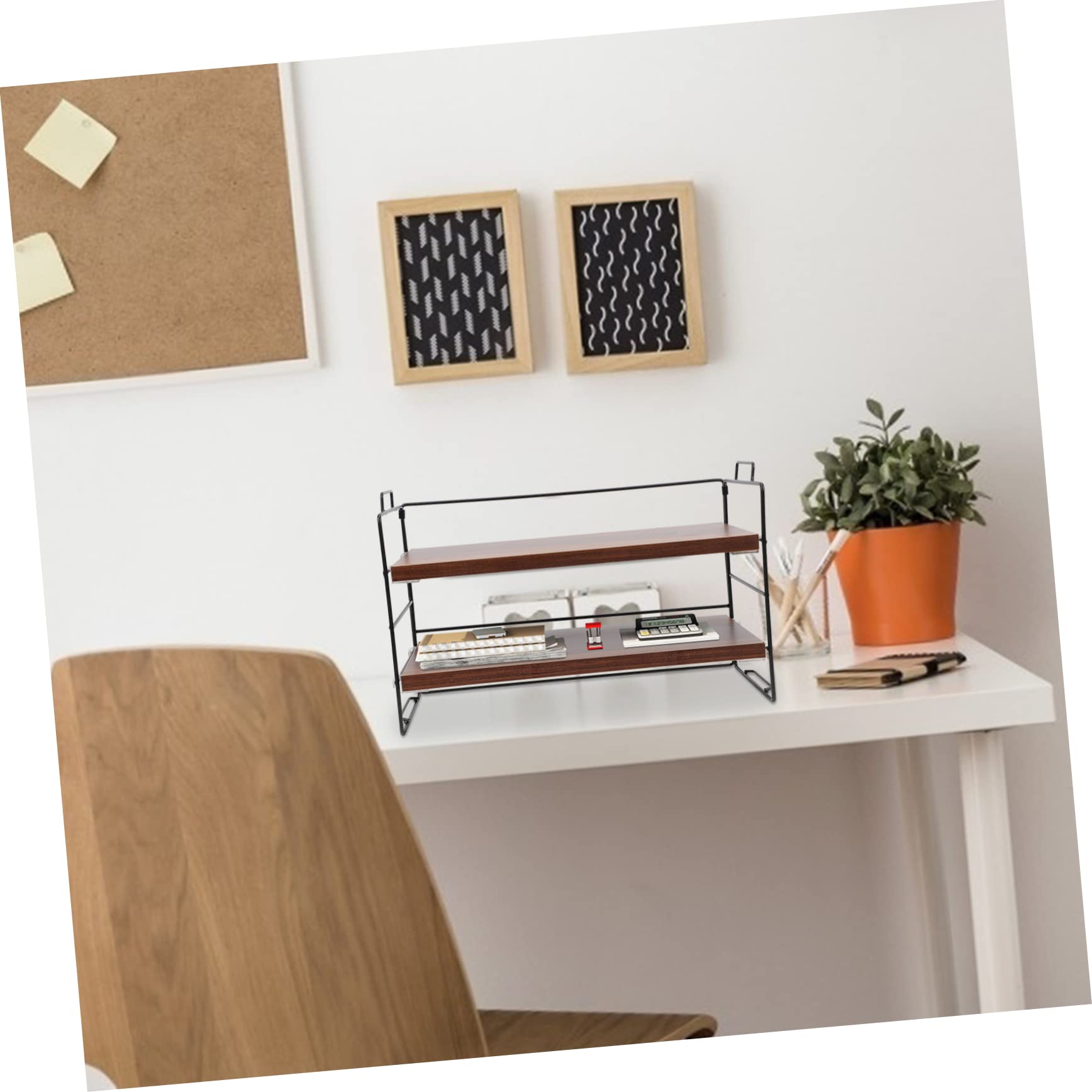 Ciieeo Schreibtisch Bücherregal aus Eisen und Holz 2 Ebenen Braun Einfache Montage Praktische Schreibtischablage für Büro und Zuhause Gewürzregal Stehend Holz