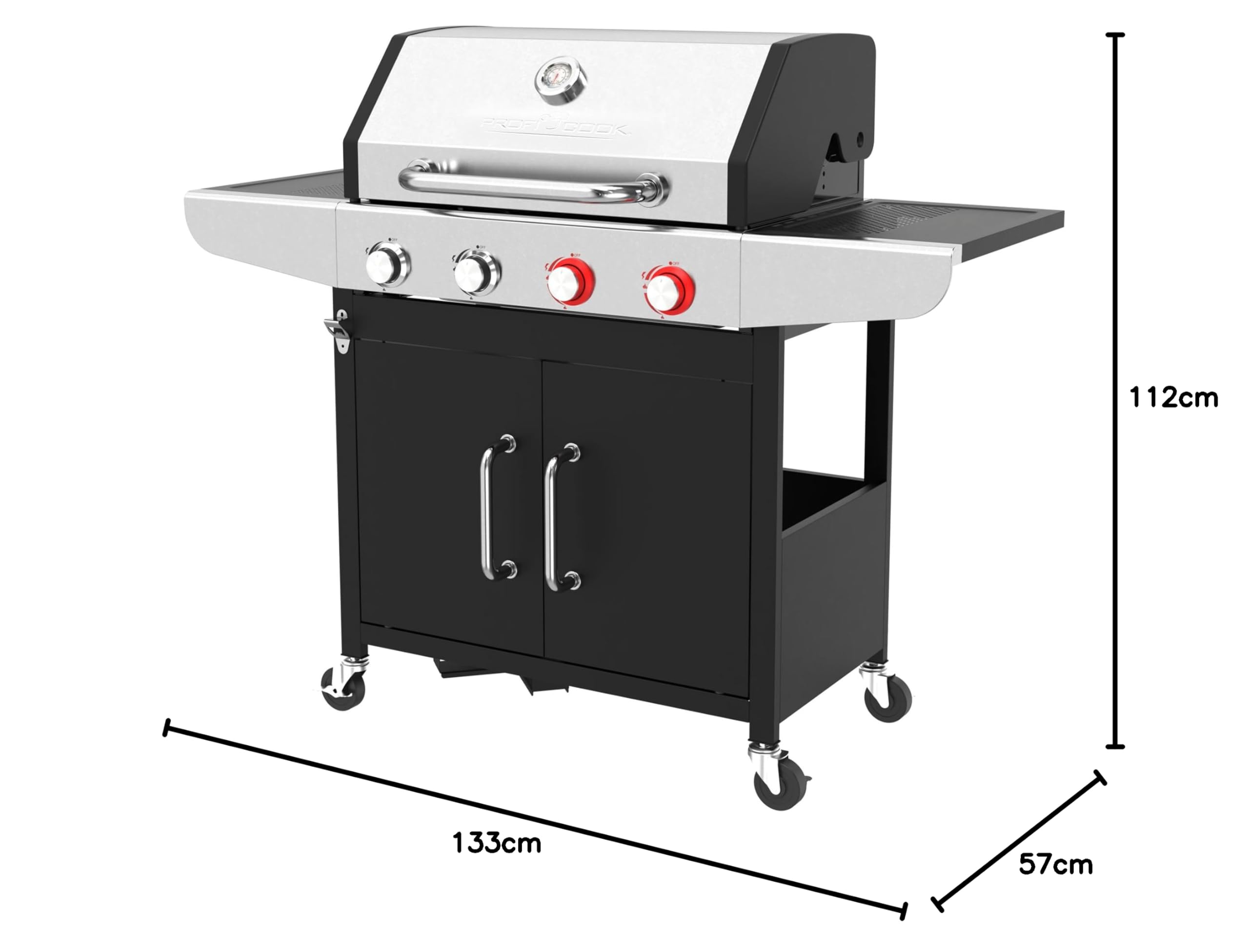 ProfiCook® Gas-grill für Temperaturen bis zu 450°C | 2 Power-Zonen | Roste aus echtem Gusseisen | Gasgrill 4 Brenner | Temperaturanzeige | Flaschenöffner | 4 Brenner | Gasgrill Balkon | PC GG 1311