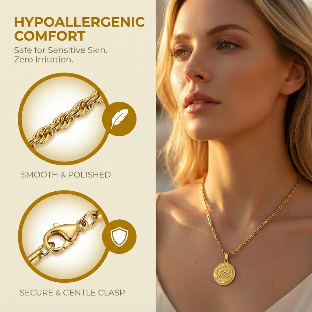 18K Gold Plated Zodiac Necklace for Women Men, Retro Coin Zodiac Sign Pendant Necklaces, Hypoallergenic & Anti-Tarnish, Adjustable Chain Horoscope Jewelry with Gift Box, Birthday Gifts for Her Him - Image 3