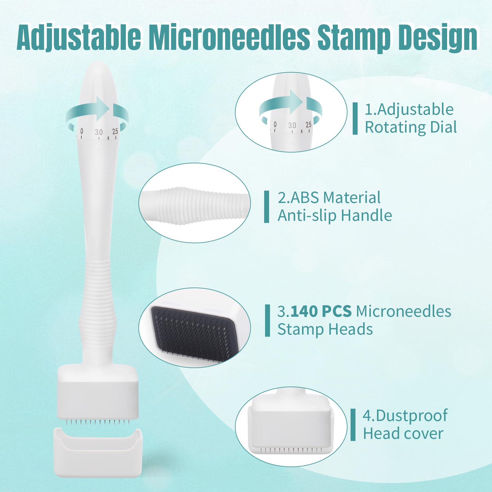 GEMERRY Dermastamp MicroNeedling - Penna Automatica per Trattamento della Pelle, 140 Microneedle Stamp, Profondità Regolabile da 0.mm a 3mm