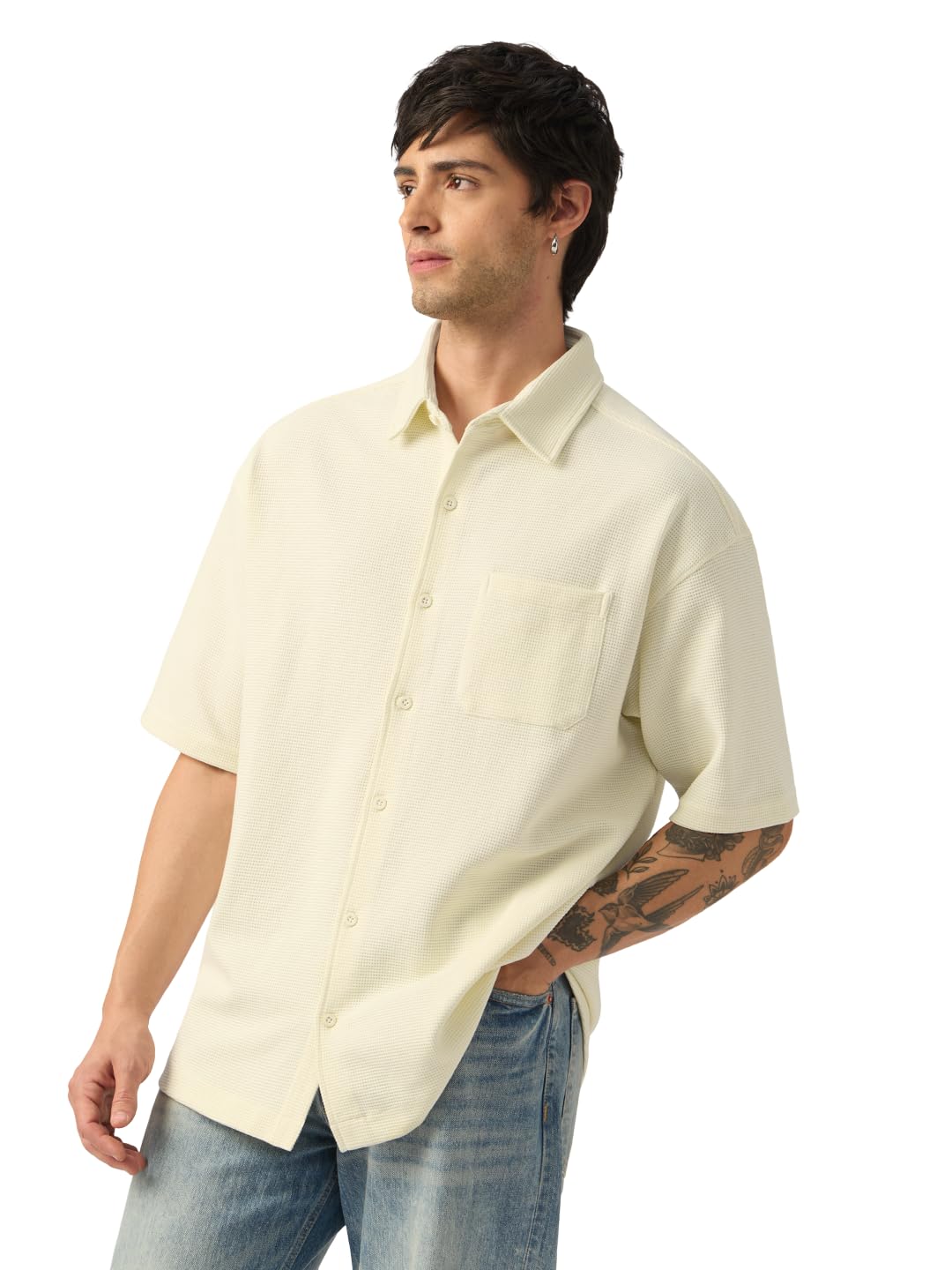 Textured Shirt: Ecru Men and Boys Short Sleeve Spread Collar Cream Textured Casual Lightweight Drop Shoulder Streetwear Trendy Cotton Blend Oversized Shirt-image-19