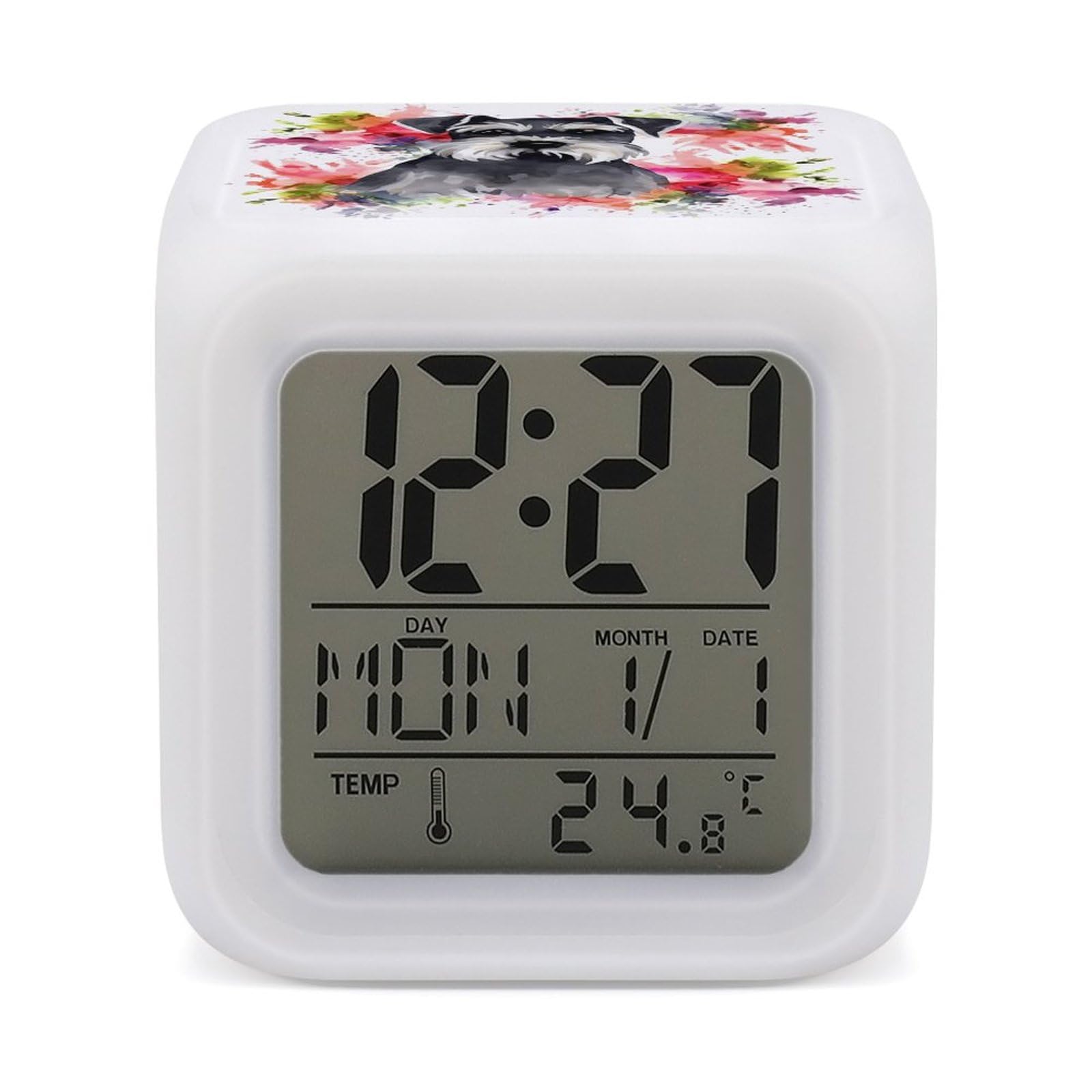 JTREHY 7 Color Changing LED Digital Alarm Clock,Schnauzer Printed Wake-up Clock with Temperature Display Home Decoration Alarm Clock for Bedroom Office