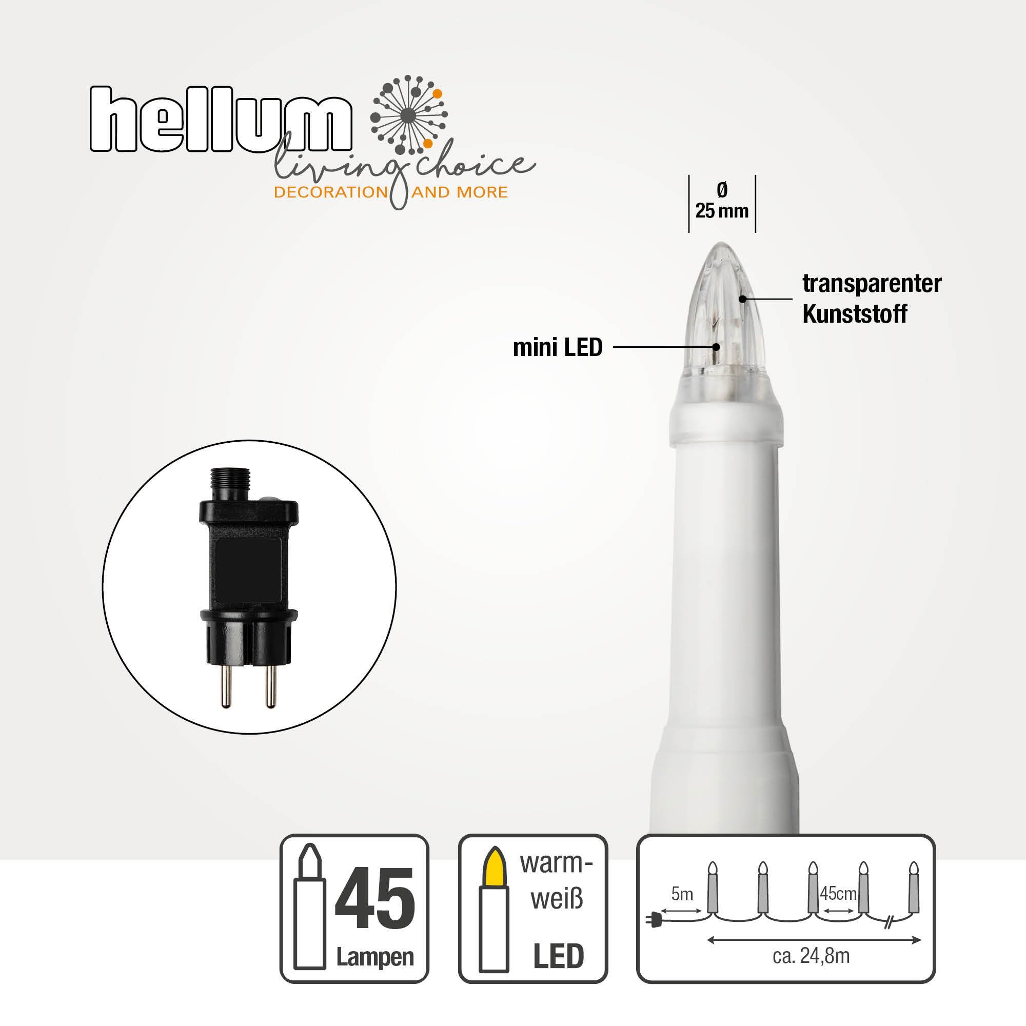 hellum Lichterkette Weihnachtsbaum außen mit Stecker und Clip, 45 LED Baumkerzen, beleuchtet 19,8 m Zuleitung 5m, Tannenbaum Lichterkette Schaft weiß Kabel schwarz <59 lm Christbaumbeleuchtung 640410