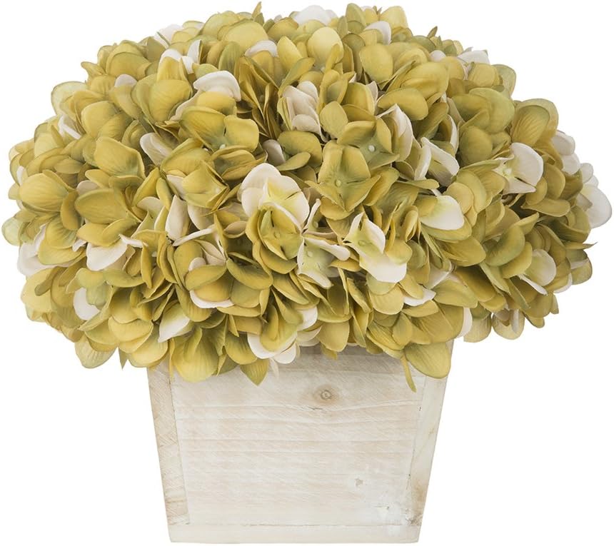 House of Silk Flowers Artificial Hydrangea in White-Washed Wood Cube (Sage/Cream)