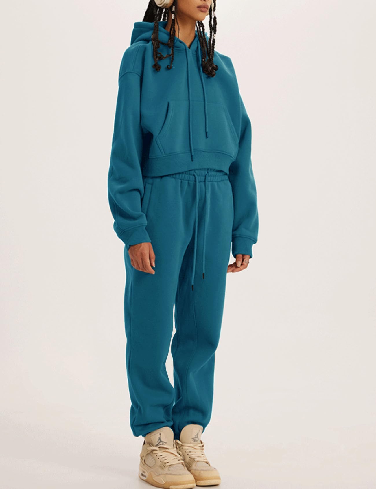 Damskie 2-częściowe stroje bluzy z kapturem krótki pulower i spodnie joggery polar dres zestaw dresowy, Niebieskozielony, L