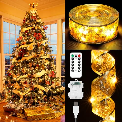 GEIGUIWA Christmas Decorations, 2.5Inch x 66Ft 200 Led Christmas Tree Ribbon Lights with 8 Lighting Modes, Battery Operated & USB Powered Fairy String Lights with Timer for Party Xmas Tree Decor