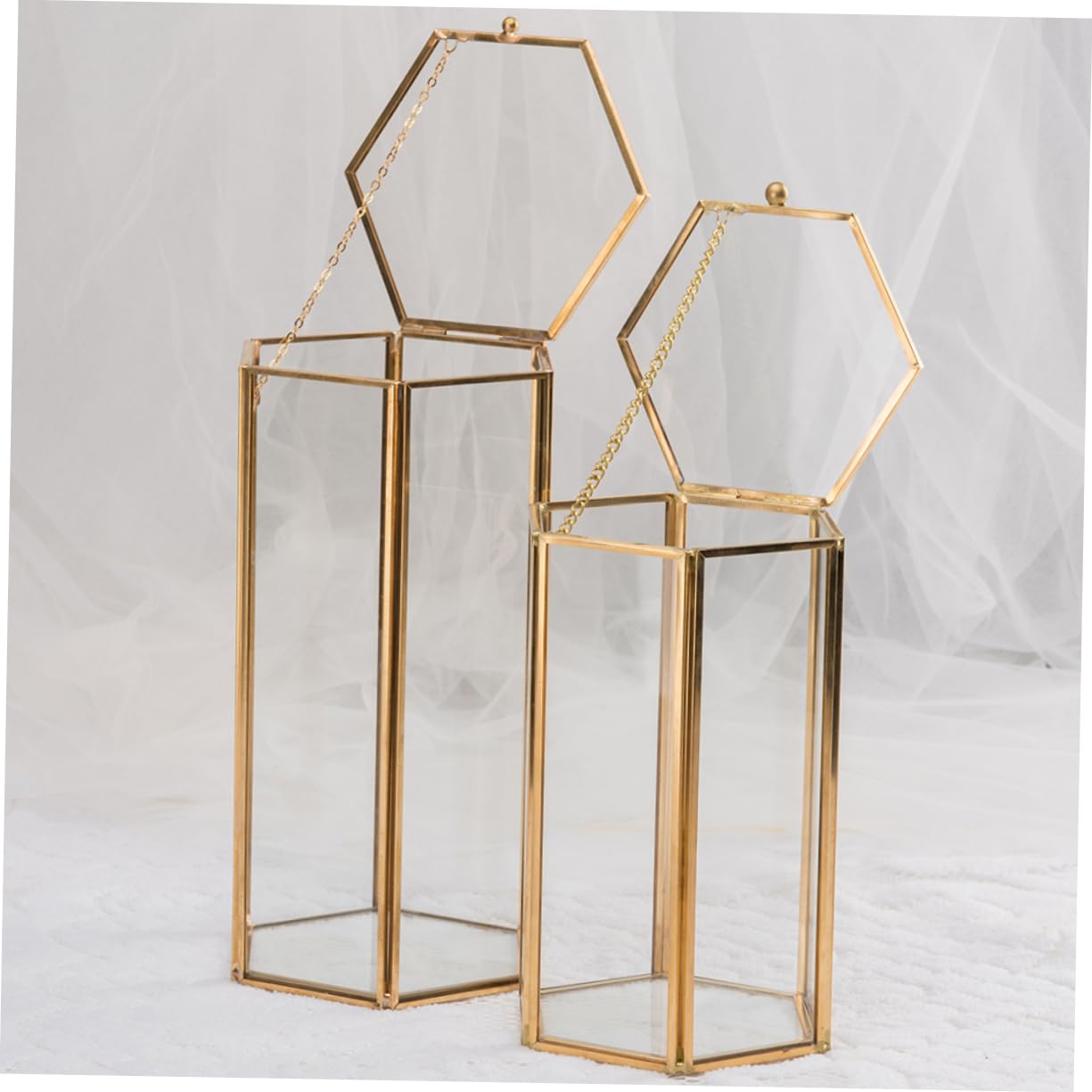 Mikinona Retro Hexagonal Makeup Brush Holder z Przezroczystego Szkła i Mosiądzu Przechowywanie Akcesoriów Kosmetycznych Organizer Do Makijażu z Pokrywą