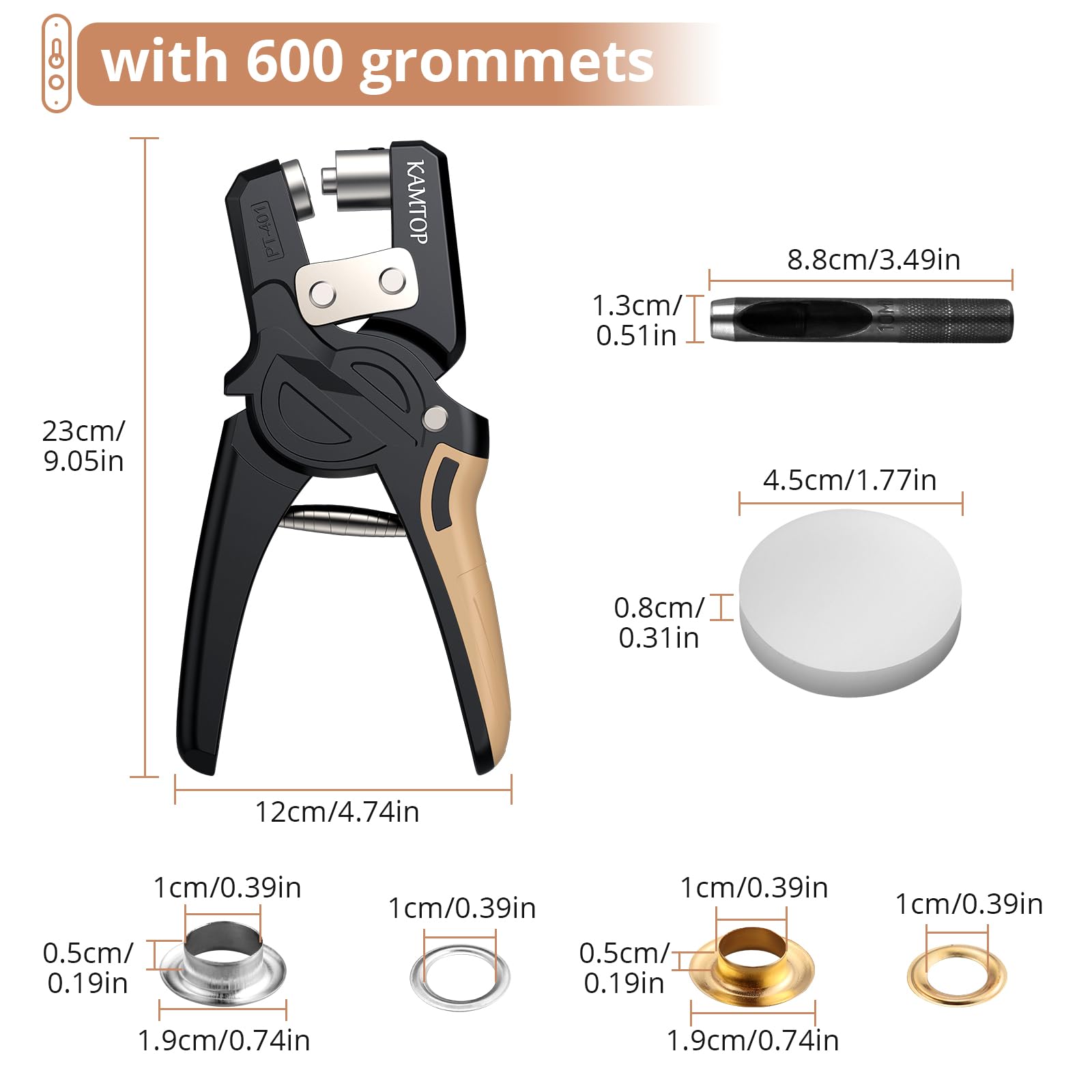 Kamtop Handheld Grommet Kit - 3/8" Eyelet Tool & 600pcs Grommets For Tarp, Canvas, Leather, Banners
