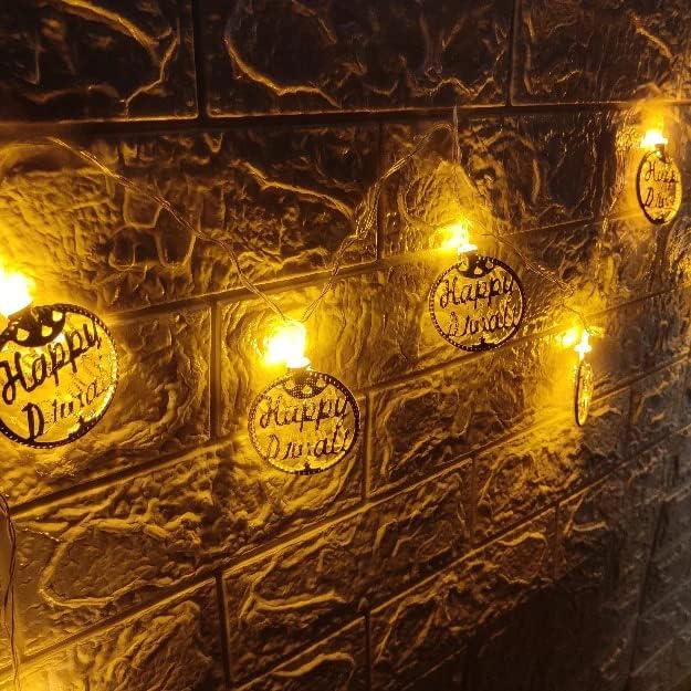 Image of MoonlitDreams 3 Meter 10 Happy Diwali Round Metallic Led String Lights, Golden Diwali Lights for Decoration for Home, Mandir & Festive Ambient Light for Diwali Decor (Plug-in)