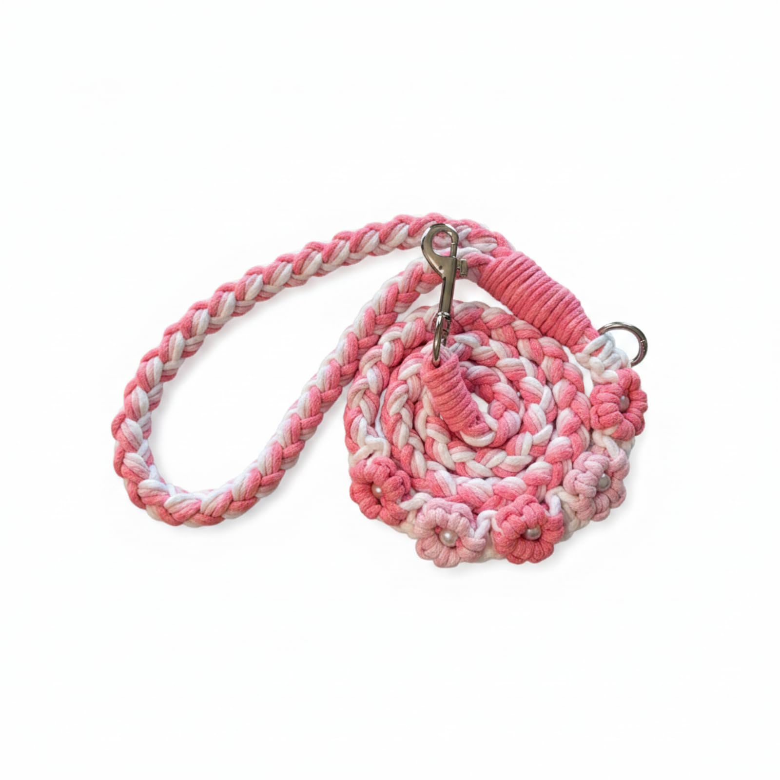 Hand Woven Cotton Dog Lead, Soft Braided Rope Leash with Floral Design, for Small & Medium Dogs, Ideal for Walks, Training & Photo Shoots (Pink, 120cm)