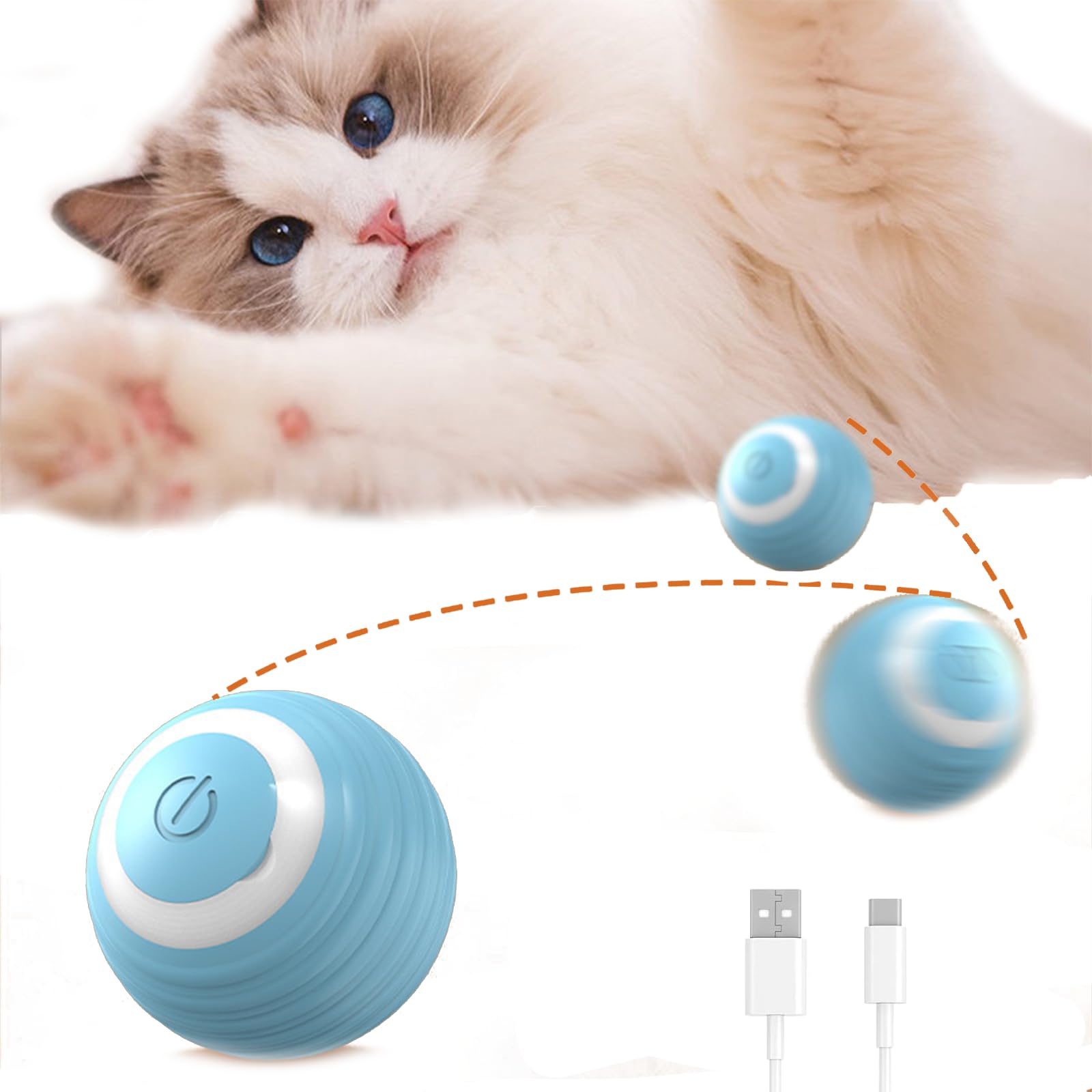 Trumoon Interactive Cat Toy, Automatic 360 Self-Rotating Rolling Ball for Indoor Cats and Kittens, Smart Type-C Rechargeable Ball (Blue)