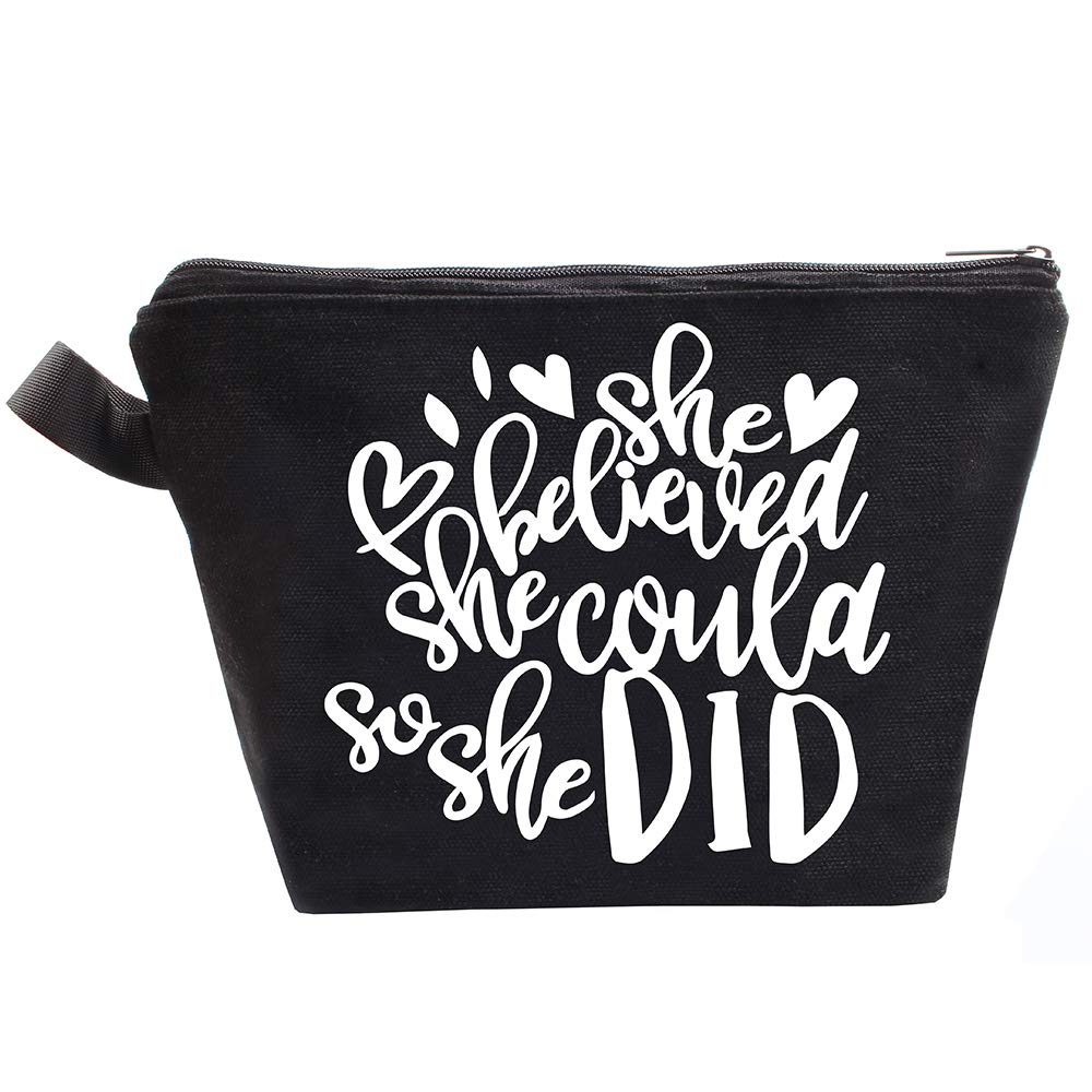 HomeLove Inc. She Believed She Could So She Did Inspirational black Makeup Cosmetic Bag Zipper Pouch Toiletry Travel Bag
