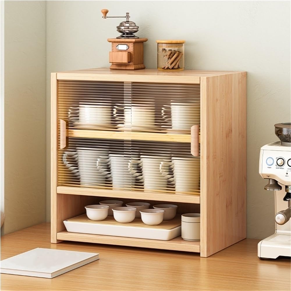 CHUOZI Coffee Mug Holder, Display Rack for Countertop, 3 Tier Shelf for Bar, Storage with Sliding Acrylic Cabinet Door, Organizer for Kitchen(Brown)
