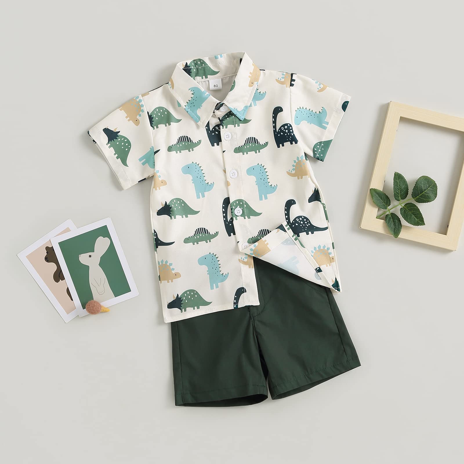 Toddler Boys Dress Clothes Kids Animal Print Button Down Shirt Solid Color Shorts Boys Summer Gentleman Suit Outfit (Dinosaur Green 2, 18-24 Months)