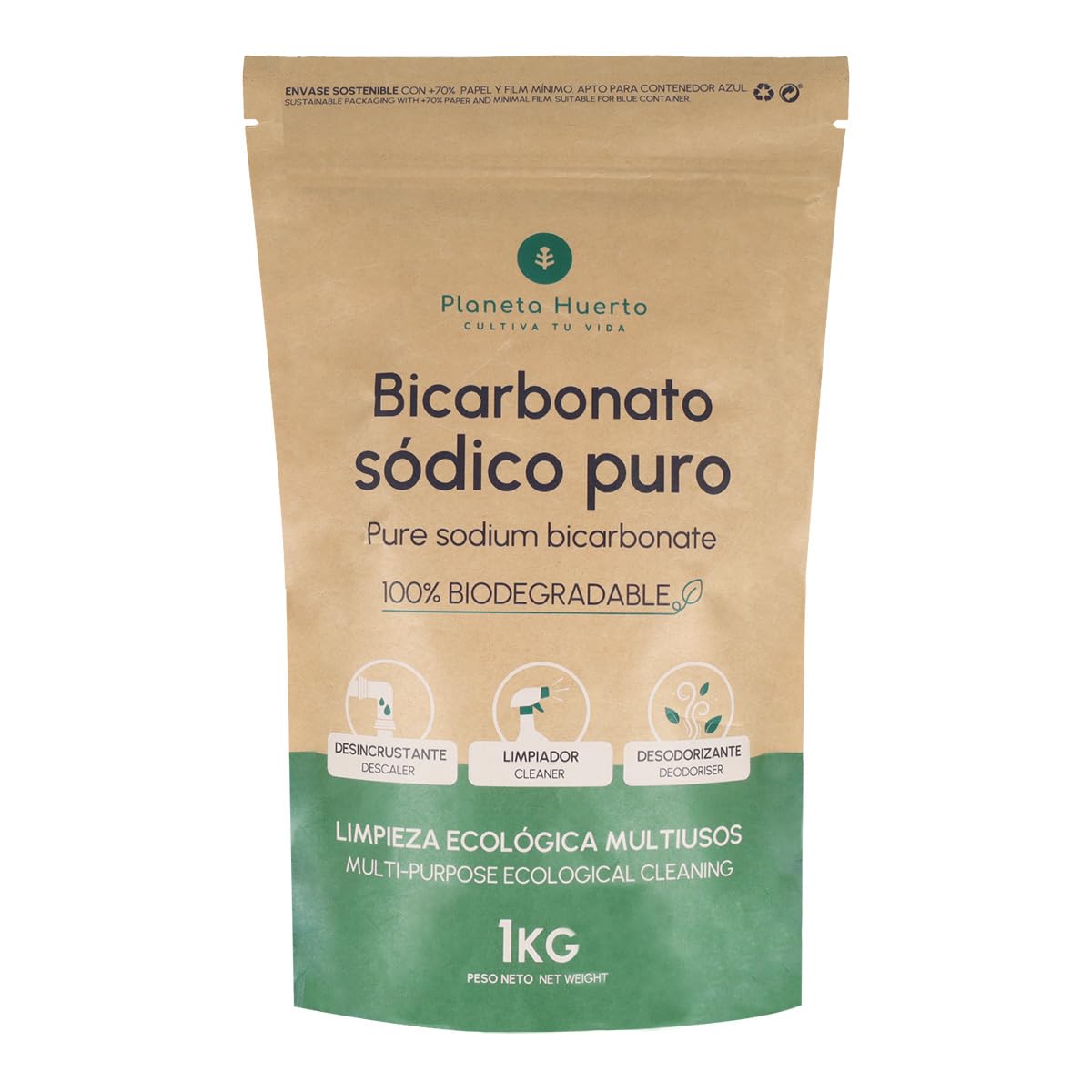 PLANETA HUERTO | Bicarbonato Sódico 1 kg - Multiusos, Hipoalergénico y Ecológico para Limpieza, Cocina y Más