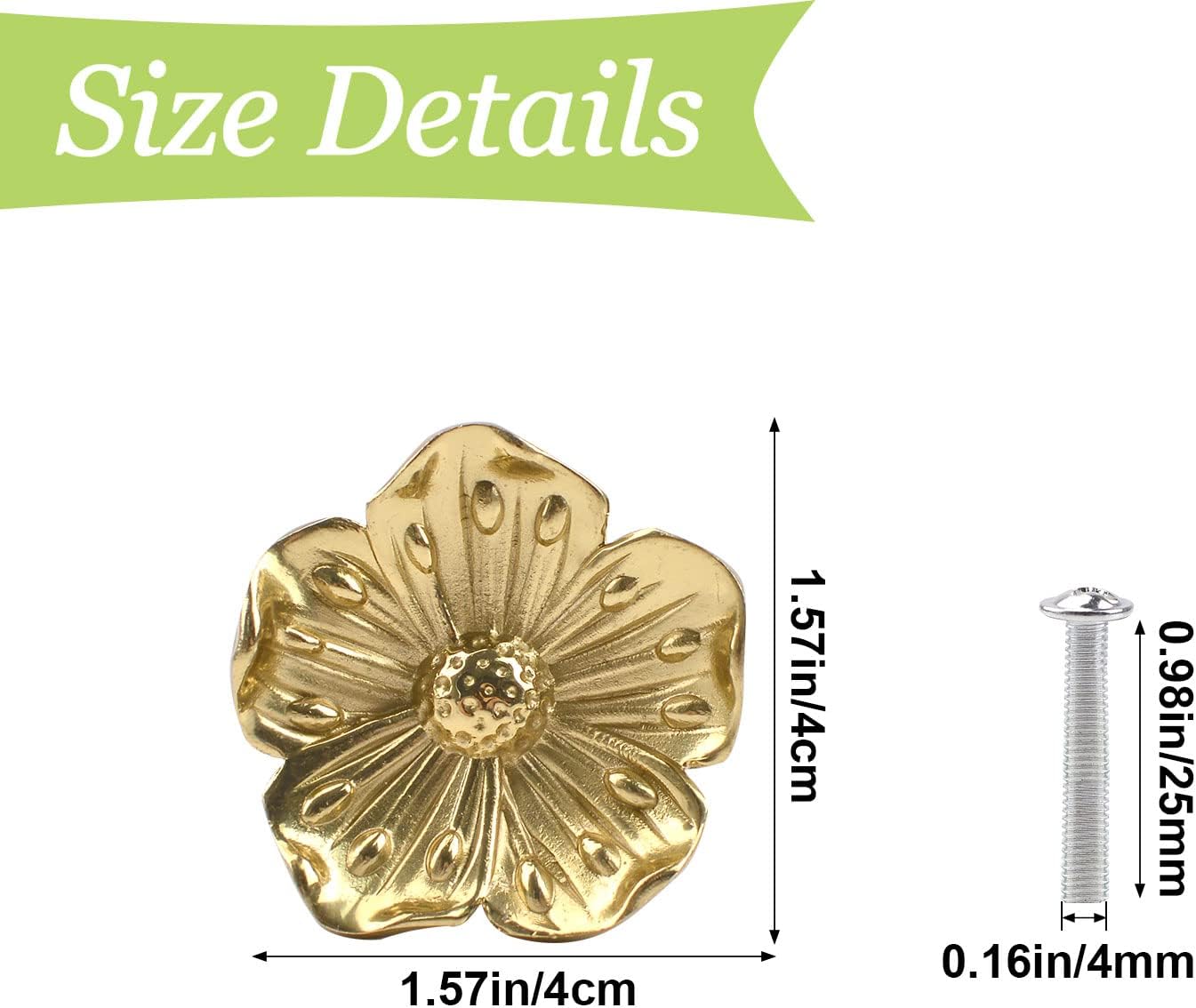 Cabinet Knobs, 4Pcs Decorative Golden Flower Shape Knob Brass Cabinet Pull Handles Single Hole Drawer Knobs with Screws for Dresser Drawer Cupboard Wardrobe, Fit 20mm/0.78" Thick Boards
