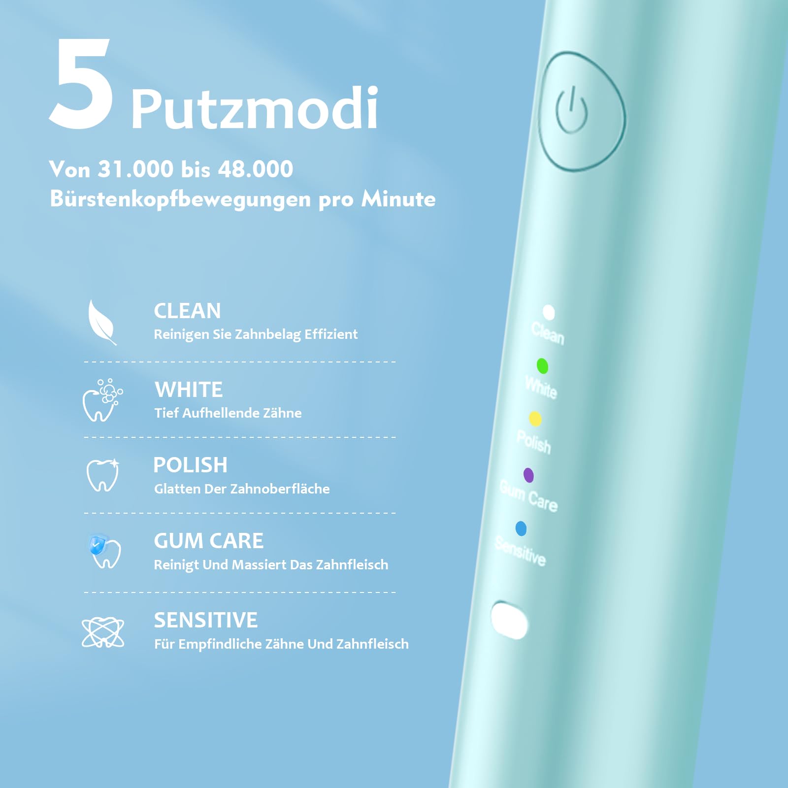 Lächen Spazzolino da denti elettrico, 5 modalità, spazzolino elettrico sonico con custodia da viaggio, 4 testine di ricambio, timer da 2 minuti, ricarica USB per 60 giorni, spazzolino da denti