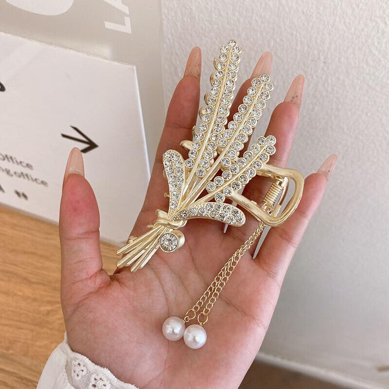 Image of Diversa Rhinestone Golden Claw Clip, Embellished Korean Clutcher, Non- Slip Metal Claw Clip for Girls, Fancy Clutcher for Women, Pack of 1 (Wheat Leaf)