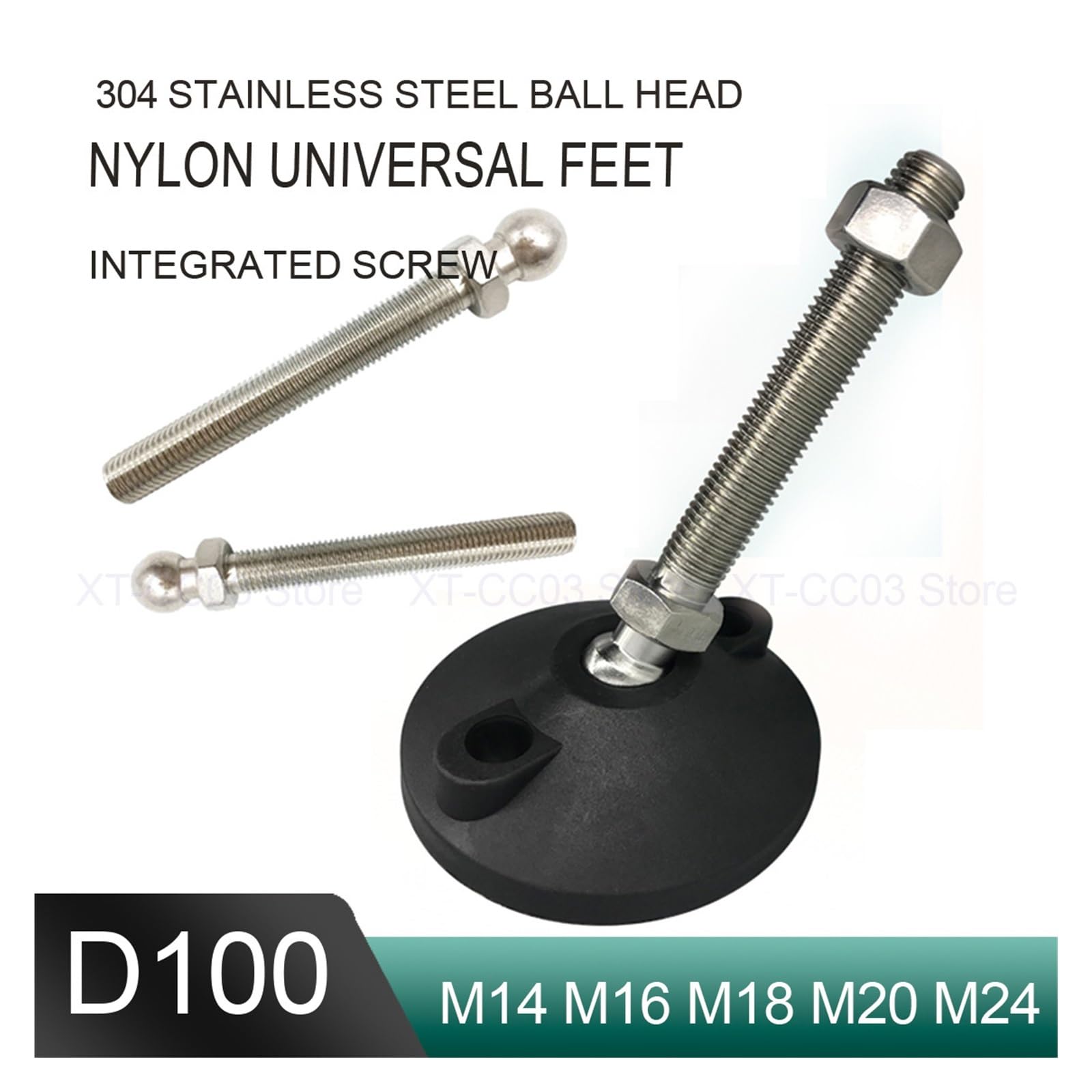 Paquete de 4 pies ajustables for nivelación de muebles. | Base de torno roscada M14 M16 M18 M20 M24 con bisagra giratoria de 100 mm(D100xm20x150)