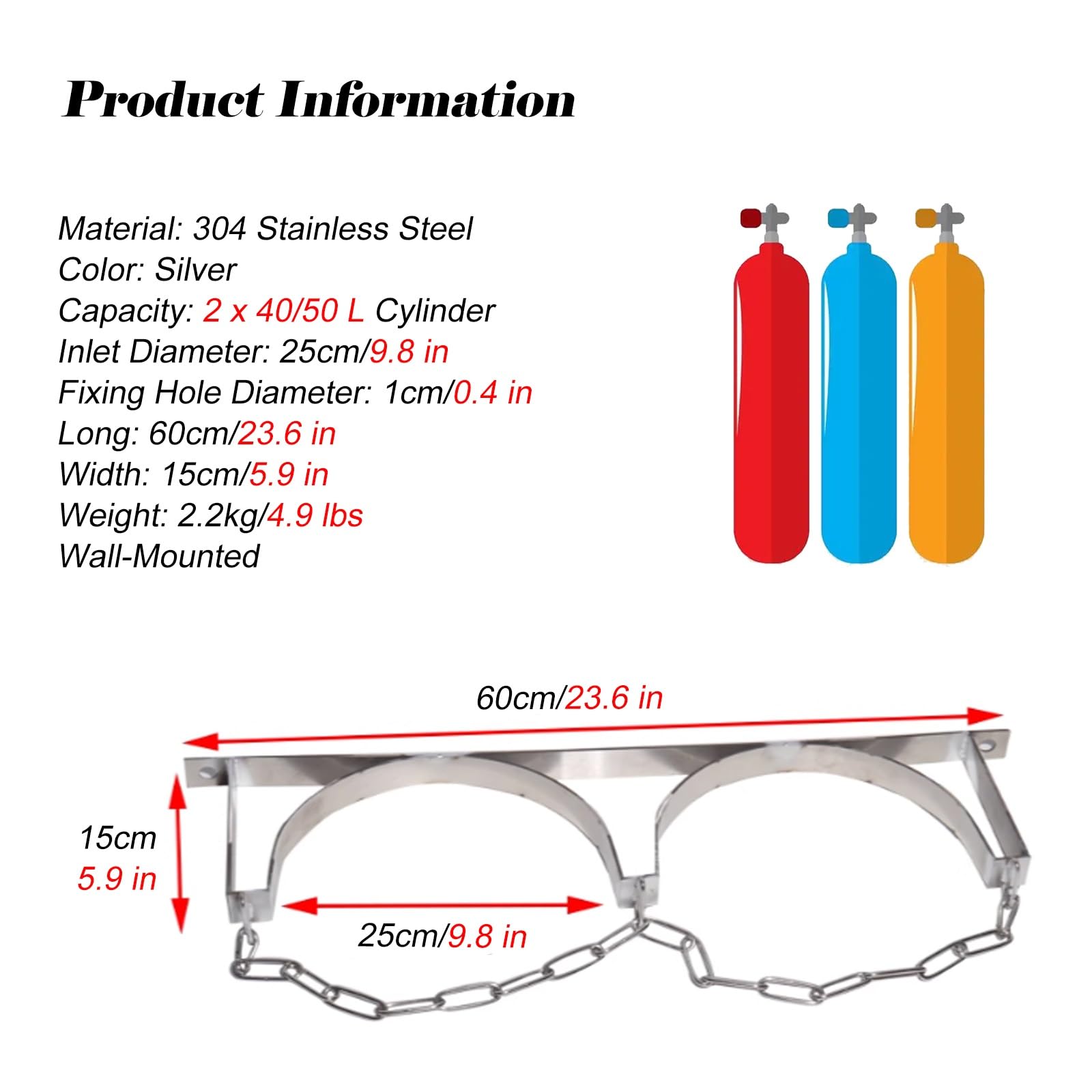 Soportes para bombonas de oxígeno Estante Organizador De Bombonas De Gas De Pared Ajustable, Soporte De Acero Para Bombonas De Gas Con Cadena, Estante Plateado Para Bombonas De Gas Para Clínicas/ Labo