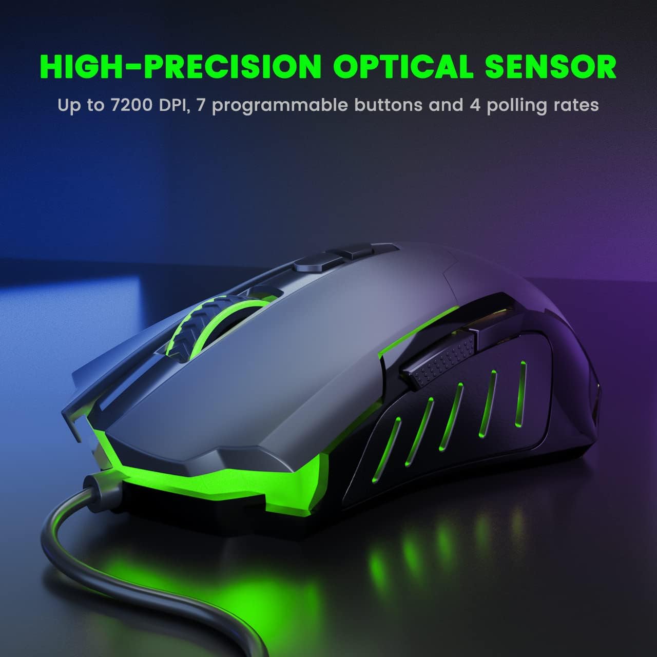 Wired Gaming Mouse, PC Gaming Mice [Breathing RGB LED] [Plug Play] High-Precision Adjustable 7200 DPI, 7 Programmable Buttons, Ergonomic Computer USB Mouse for Windows/PC/Mac/Laptop Gamer-Grey…