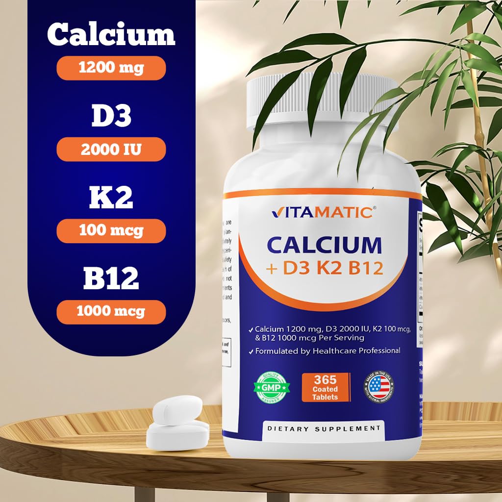 Vitamatic Calcium Supplement 1200mg with D3, K2 & B12, Immune & Bone Health Support - 365 Coated Tablets — Amazon image 6