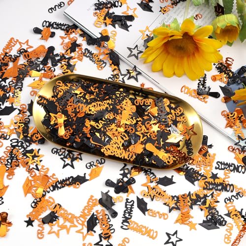 Image of Orange and Black Graduation Confetti 2026, 1000 Pcs Congrats Grad Confetti Class of 2026 Party Table Centerpiece for Graduation Party Decorations