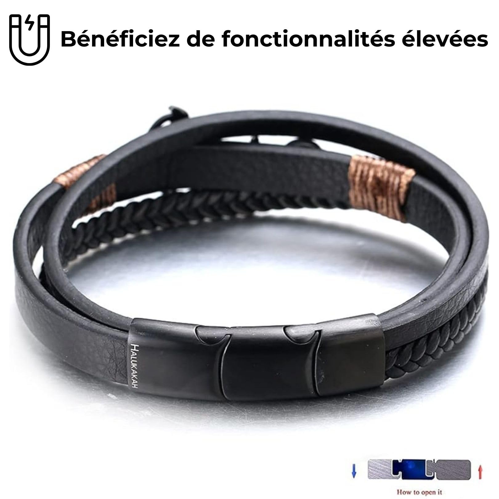 HALUKAKAH Enfant ● Voile Junior ● Garçons Cuir Véritable Tresse à la Main Ancre Bracelet 13-16 Ans. Titane Mat Fermoir Magnétique Argent Taille Réglable 18-19.5cm avec Le Boîte-Cadeau