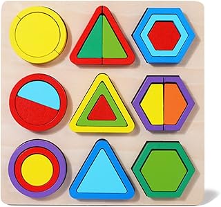 Sizkii Montessori Shape Sorting Puzzle for Toddler, Wooden Geometric Puzzles, Color Recognition Stacker Shape Sorter, Activities Autistic Sensory Toys Learning Puzzles Birthday Gift for Kids(Style C)