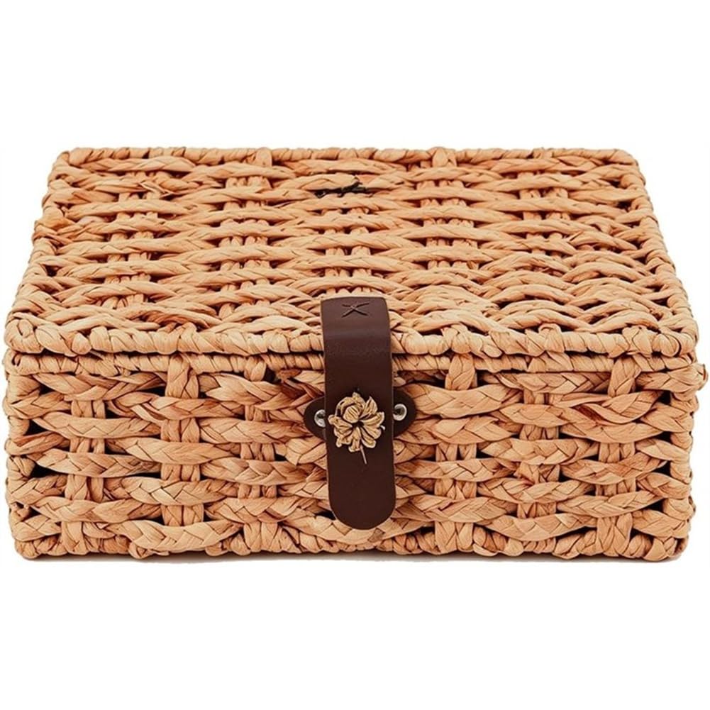 Hndhbfgrt Wicker Storage Basket with Lid, Natural Seagrass Rectangular Woven Basket, Storage Boxes for Shelf Decor,for Home