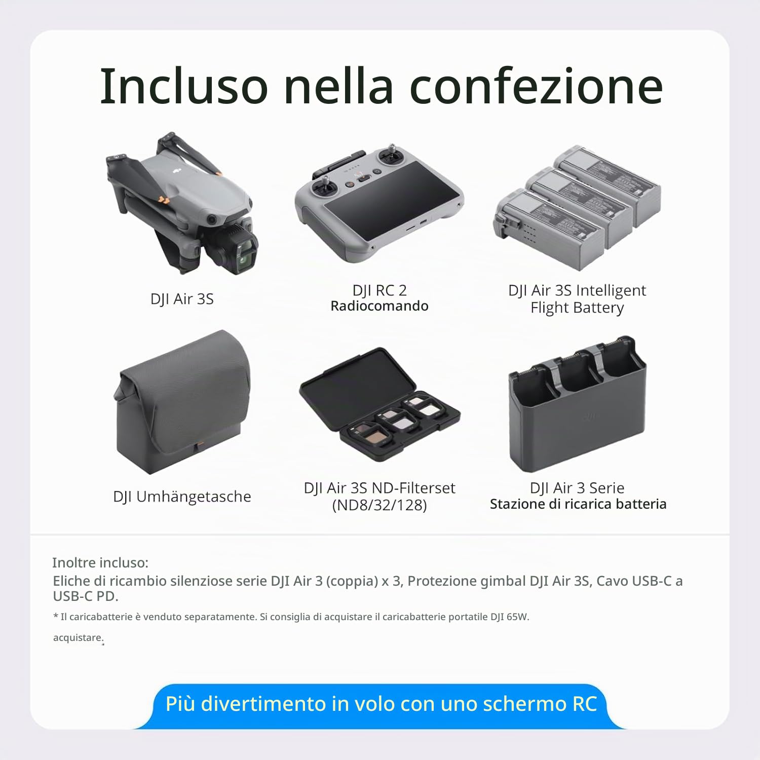 DJI Air 3S Combo Fly More (RC 2 con schermo), drone con fotocamera grandangolare CMOS 1" e teleobiettivo medio per adulti, 4K/60fps, rilevamento omnidirezionale e 3 batterie per volare più a lungo
