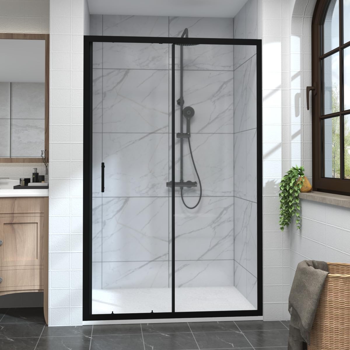 Aquariss 1200mm Black Sliding Shower Door Enclosure 6mm Tempered Glass Single Shower Screen Reversible for Bathroom Wetroom Cubicle
