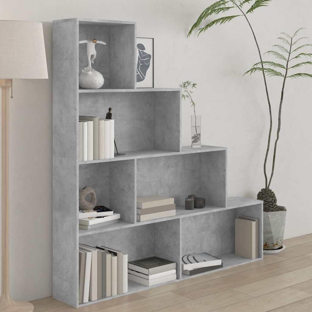 Libreria grigio cemento in legno 155 x 24 x 160 cm con 6 ripiani aperti come divisorio e spazio per soggiorno, ufficio, studio, sistema di scaffalatura salvaspazio per libri e raccoglitori