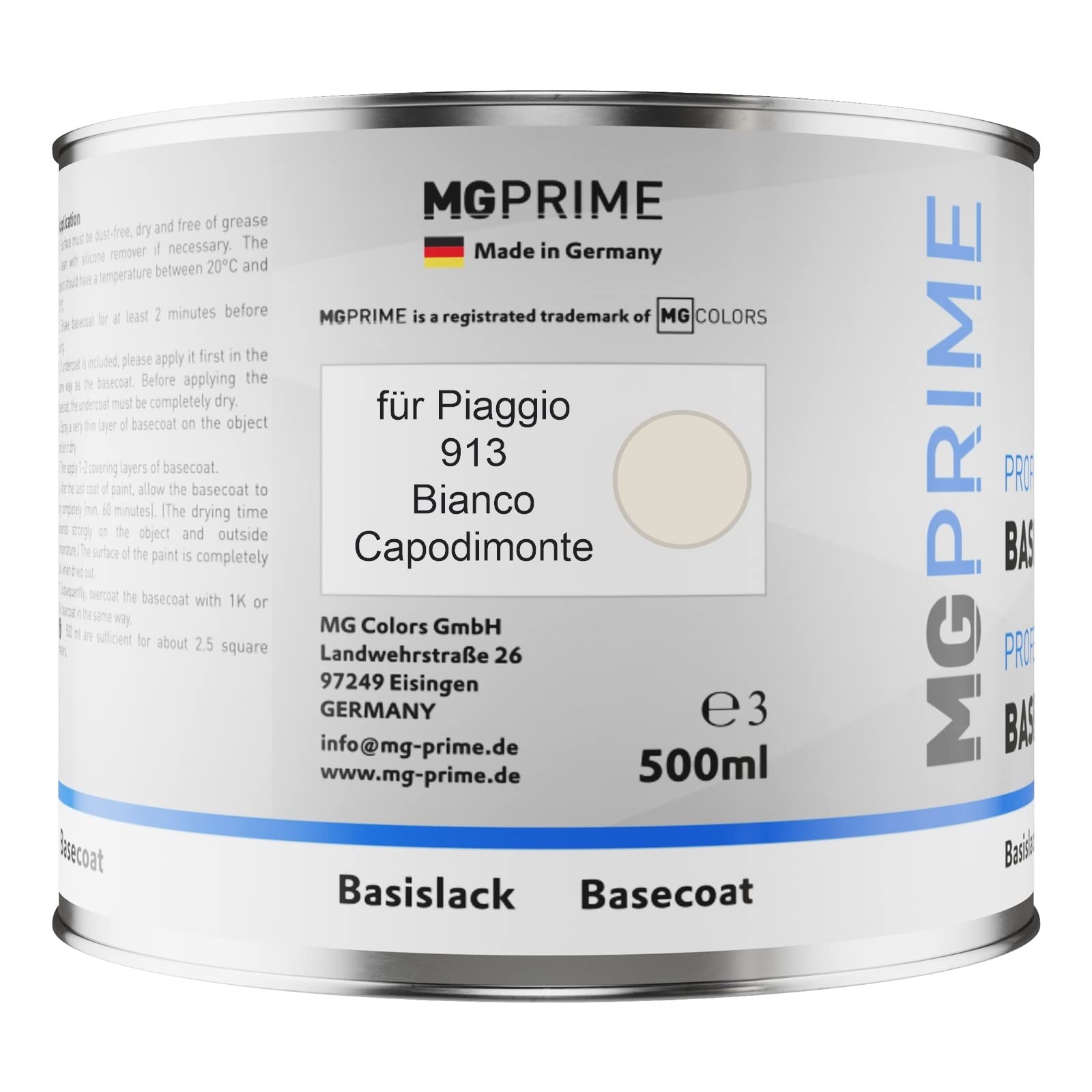 MG PRIME Barattoli di vernice per Piaggio 913 Bianco Capodimonte 1,25L | Vernice per auto, Kit vernice di base + trasparente 2K + indurente, pronto all'uso