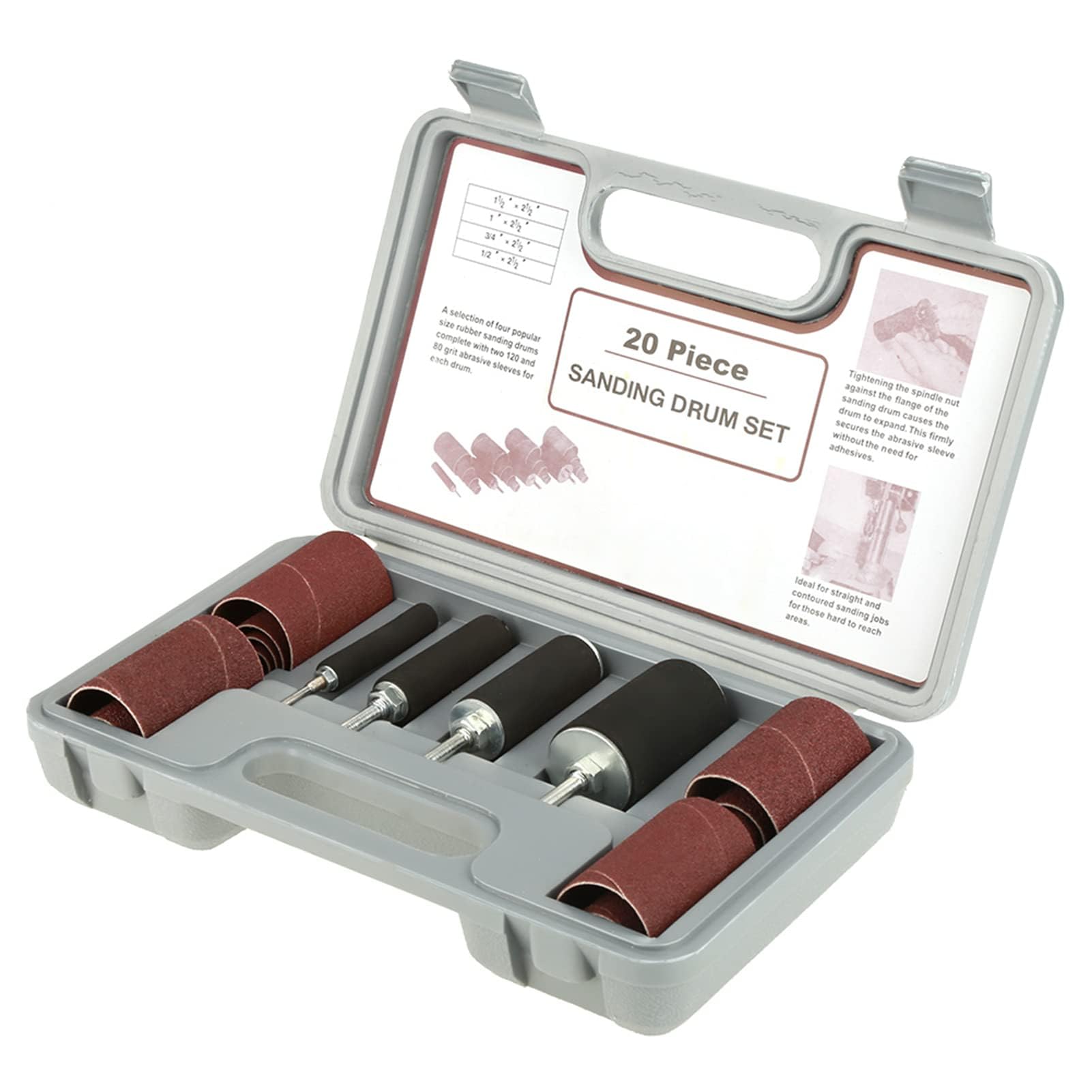 20-teiliges Schleifwalzen-Set für Standbohrmaschine & Bohrmaschine – Premium Schleifhülsen & Gummi-Schleiftrommeln für Holzbearbeitung & Kantenschliff inkl. Aufbewahrungskoffer