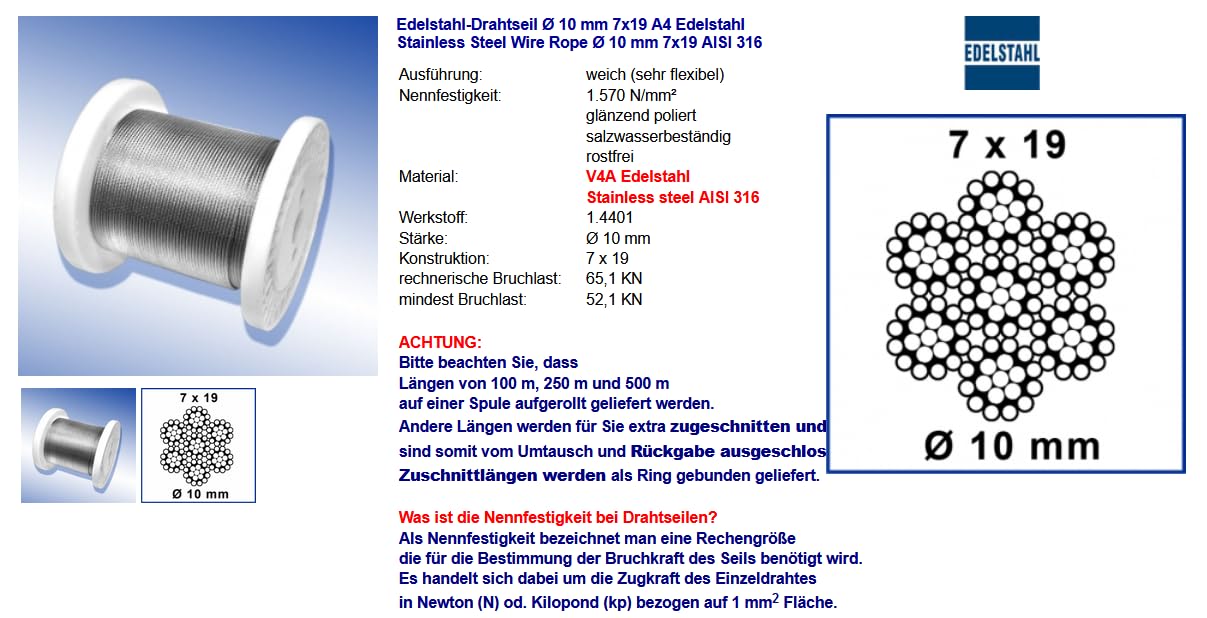 Edelstahl Drahtseil 10 Mm – 7x7, A4/V4A Rostfrei, 100 M, Salzwasserbeständig, Poliert