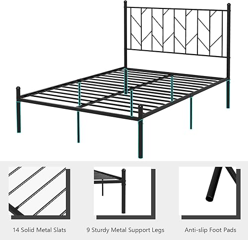 Miniatura 8 de Giantex Base de cama de metal negro con cabecera de estilo victoriano, base de cama de plataforma de 12.5 pulgadas con soporte de 14 listones de