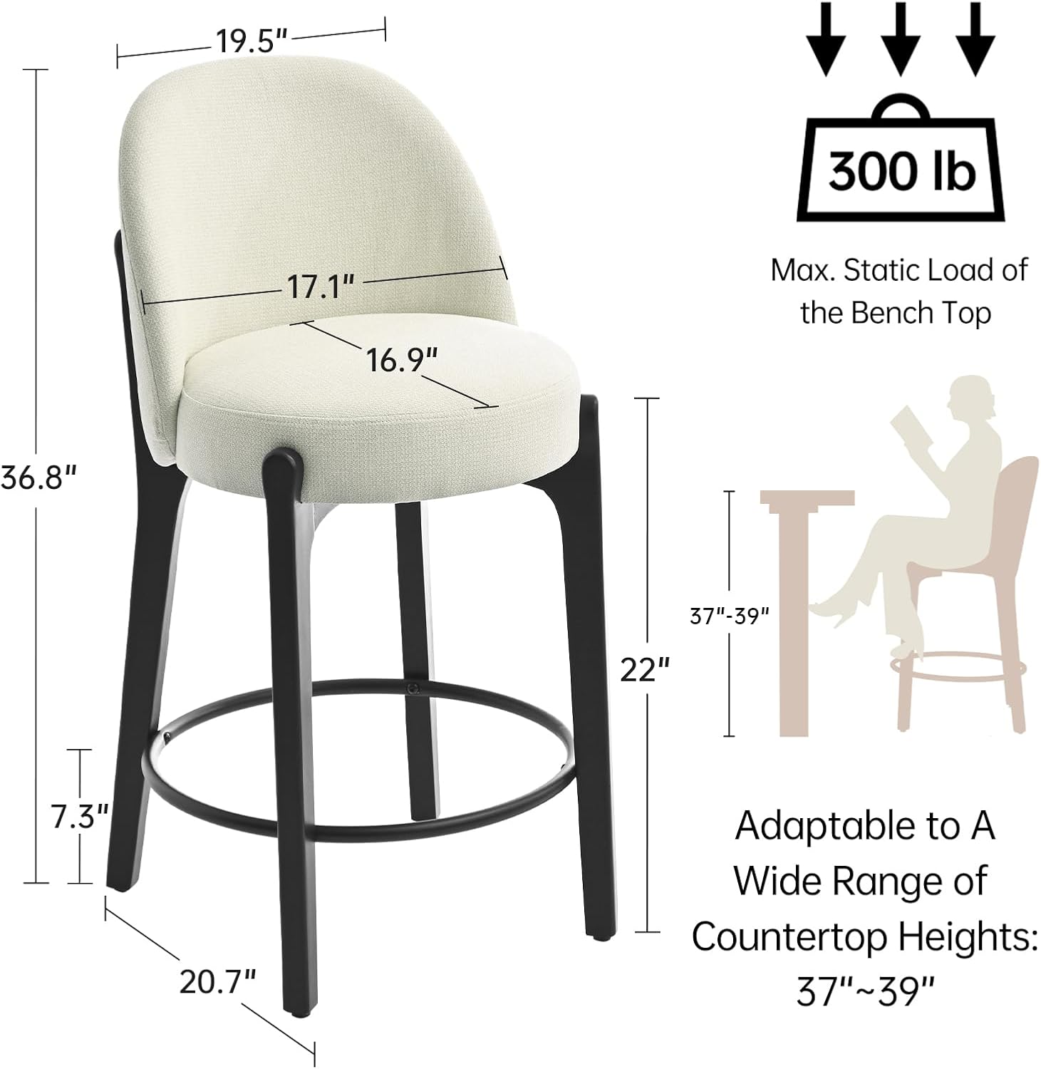 keoni 26'' Counter Height Bar Stools Set of 4, Upholstered Bar Stools with Black Wood Legs and Footrest, Mid Century Modern Counter Stools with Back for Kitchen Island and Bar, Beige