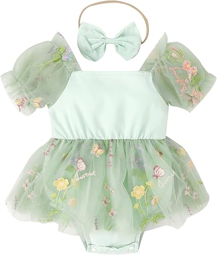 Miniatura 22 de IDOPIP Conjunto de 2 piezas para bebé recién nacido, con diadema, bordado de flores, tutú, princesa, fiesta de cumpleaños, conjunto de ropa