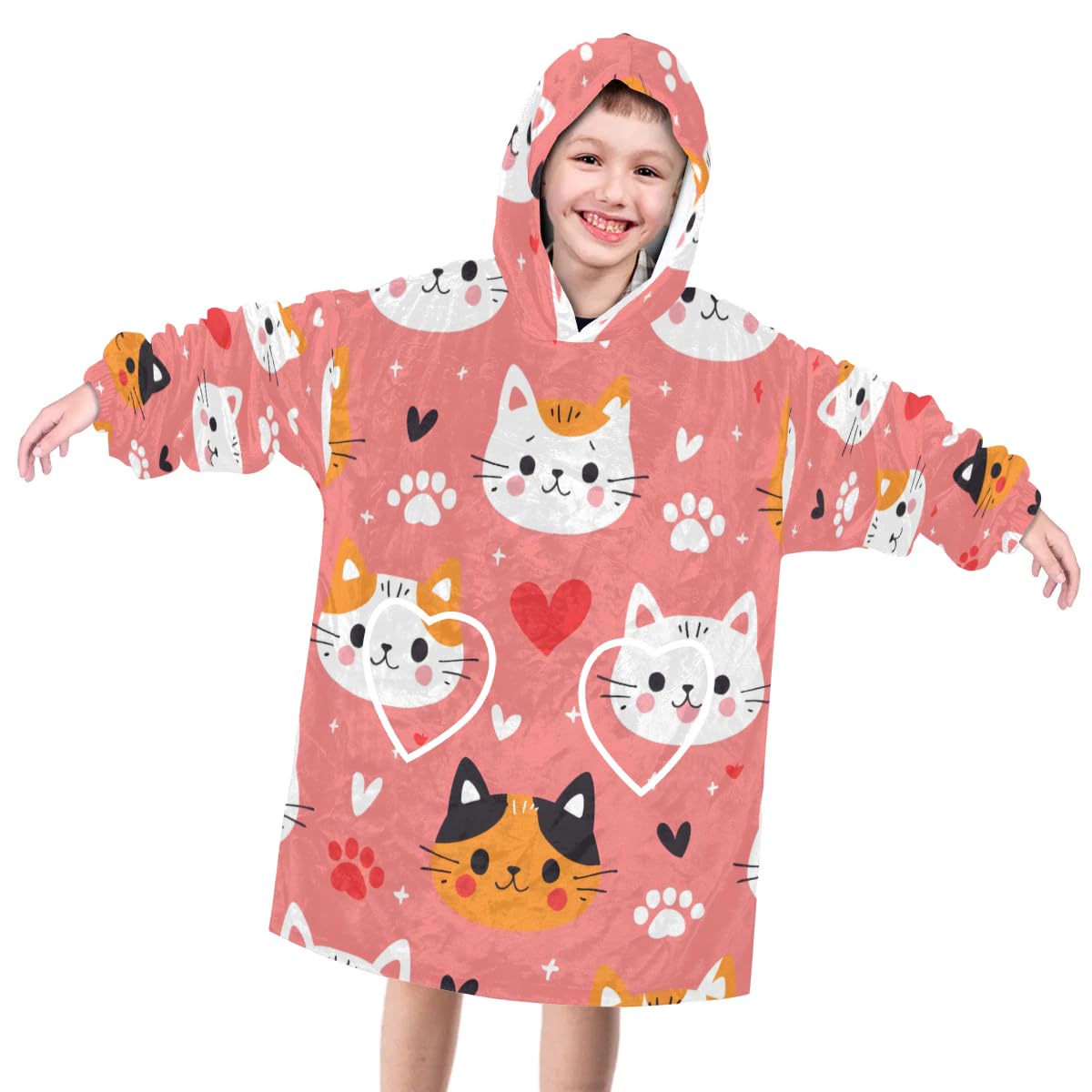 Wearable Blanket Hoodie for Kids, Cartoon Cat Fleece Sweatshirt Blanket Oversized Blanket Sweatshirt with Pocket Flannel Warm Hooded Blanket 6-10 Year Old Girl Boy Gift, One Size